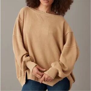 Large American Eagle Seriously Lived In Casual Tan Waffle Knit Sweater Oversized